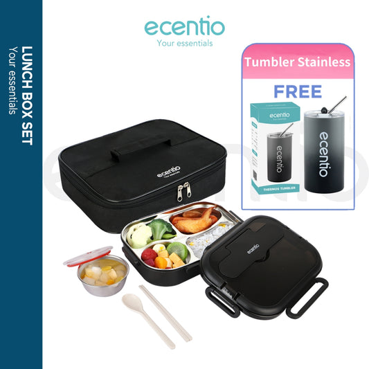 【Gratis Tumbler】ecentio lunch box stainless sekat 4 dan tempat minum anti tumpah tempat makan hitam