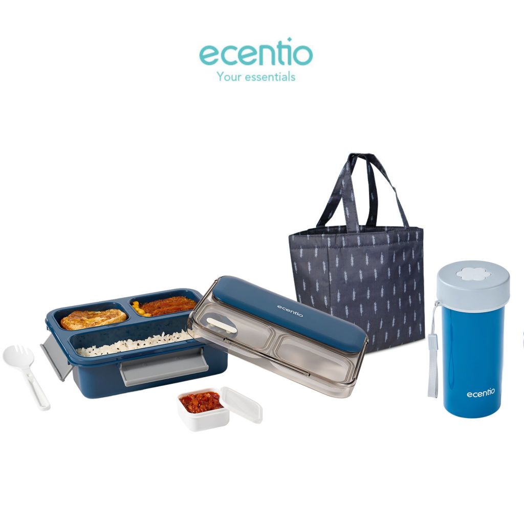 ecentio Anti Tumpah 2.0 lunch box 1150ml sekat 3 dengan kotak sauce BPA free tempat makan