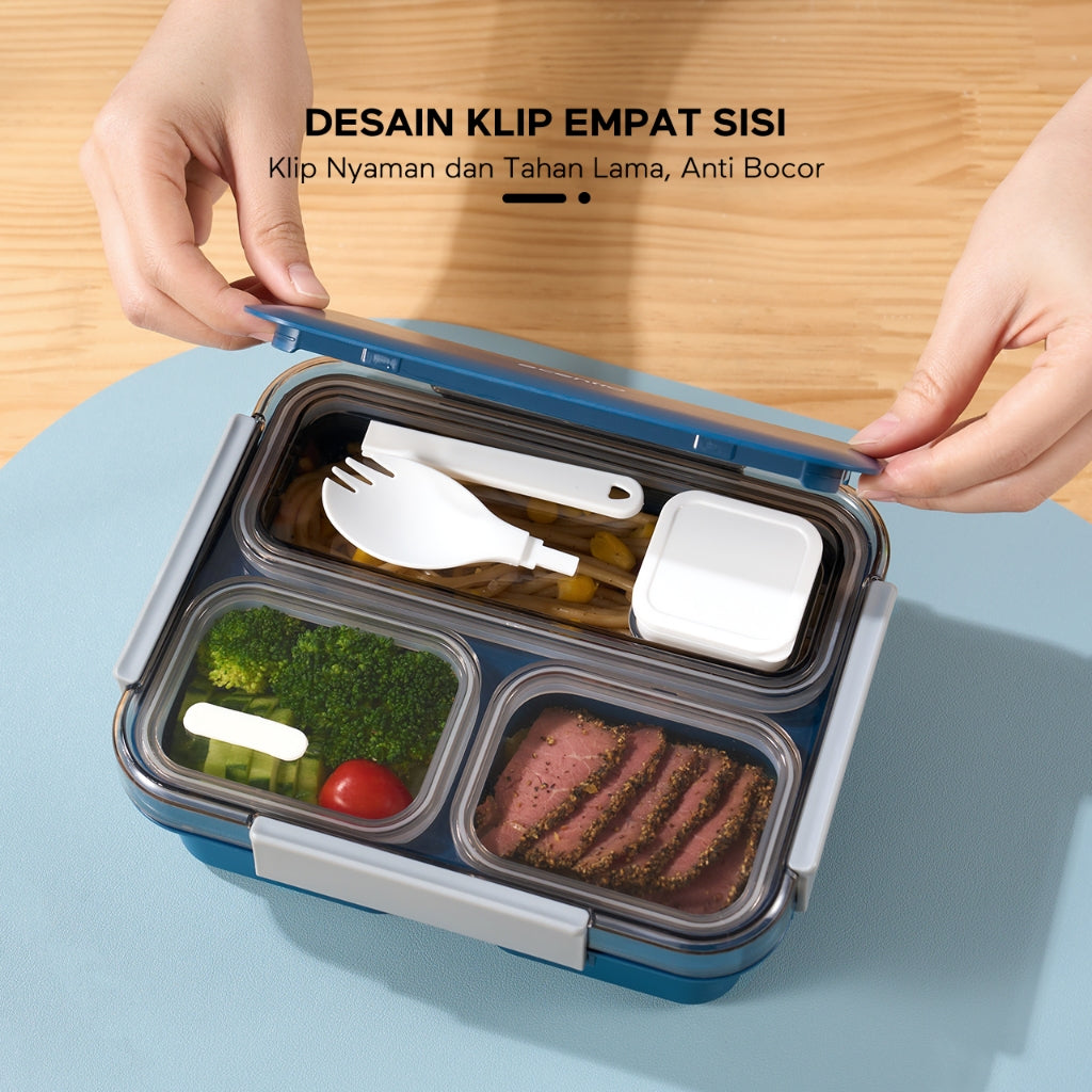 ecentio Anti Tumpah 2.0 lunch box 1150ml sekat 3 dengan kotak sauce BPA free tempat makan