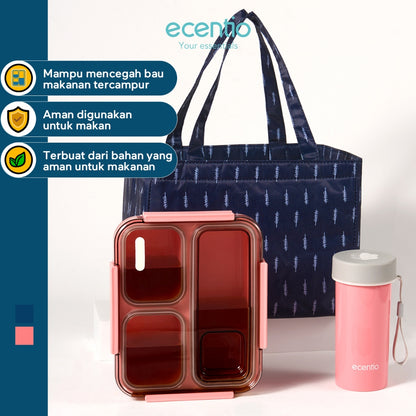 ecentio Anti Tumpah 2.0 lunch box 1150ml sekat 3 dengan kotak sauce BPA free tempat makan