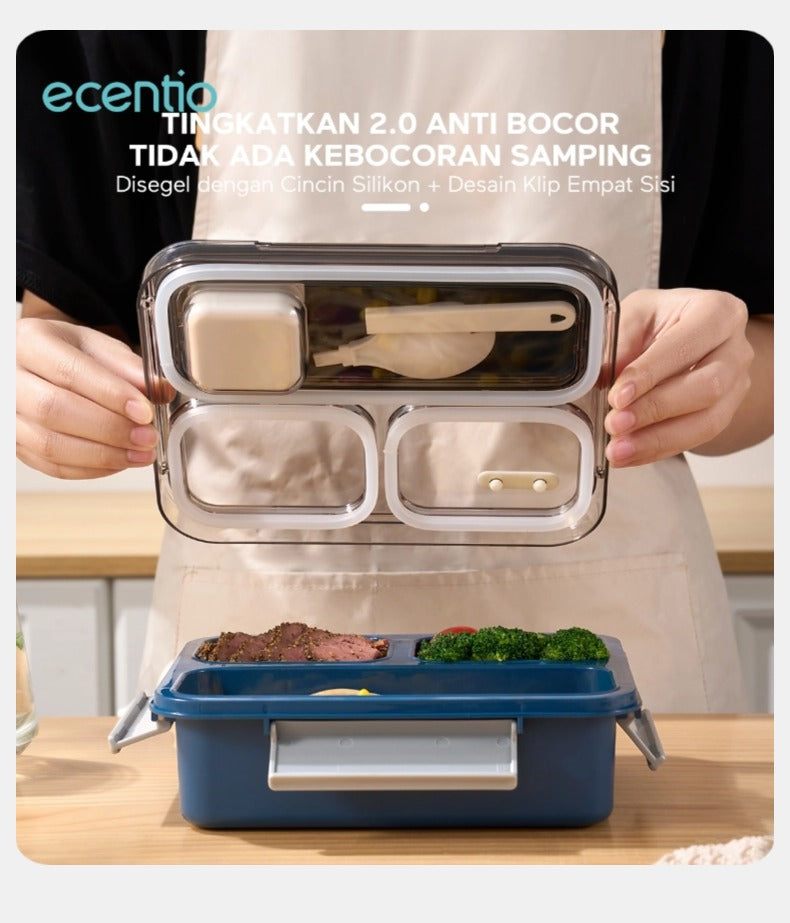 ecentio Anti Tumpah 2.0 lunch box 1150ml sekat 3 dengan kotak sauce BPA free tempat makan