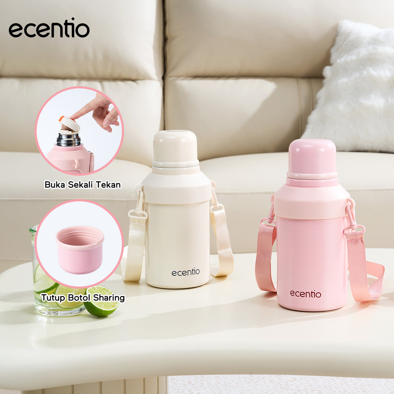 ecentio Termos Air Panas 316 Stainless Steel 1000ml Buka Sekali Tekan Tutup Kedap Udara Bisa Jadi Gelas Sharing Tahan Panas 11 Jam Dingin 24 Jam Desain Aesthetic Portabel Tahan Lama Cocok untuk Camping