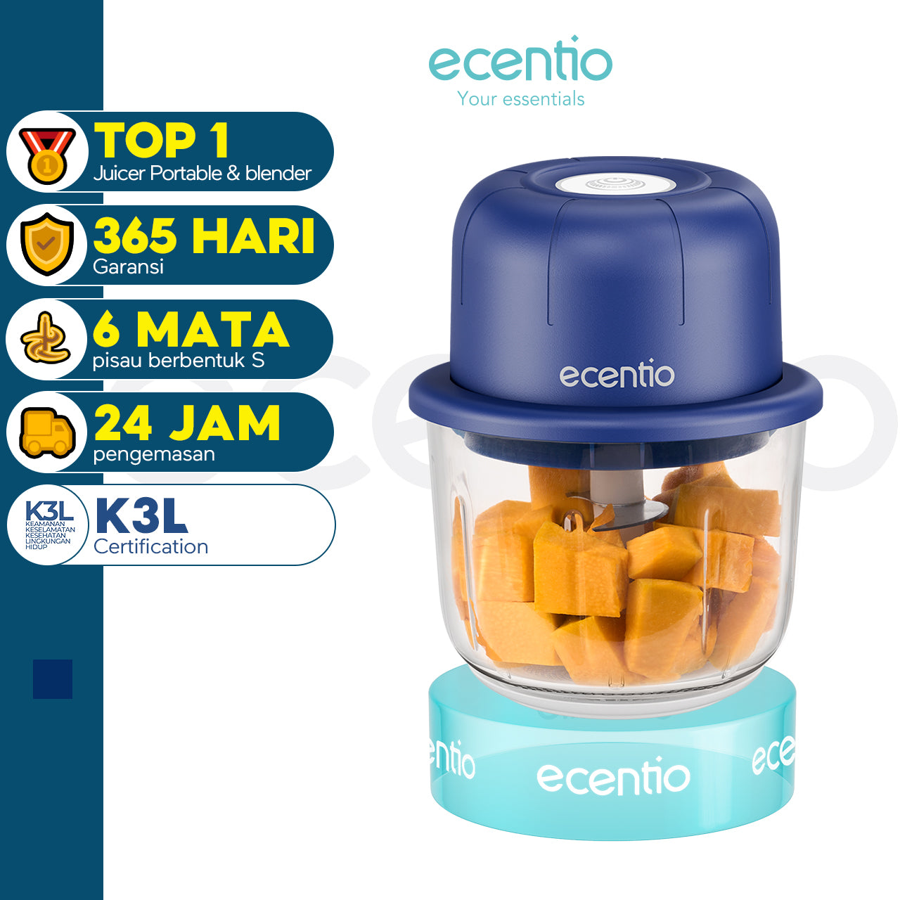 ecentio chopper mini 6 pisau 350ml kaca blender portable cope bumbu