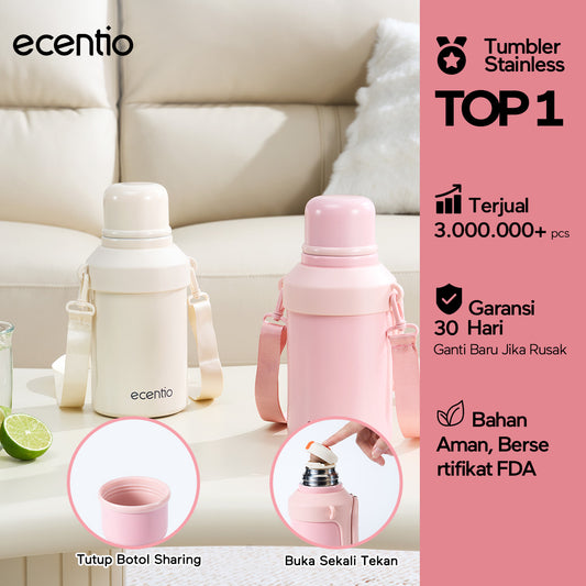 ecentio Termos Air Panas 316 Stainless Steel 1000ml Buka Sekali Tekan Tutup Kedap Udara Bisa Jadi Gelas Sharing Tahan Panas 11 Jam Dingin 24 Jam Desain Aesthetic Portabel Tahan Lama Cocok untuk Camping