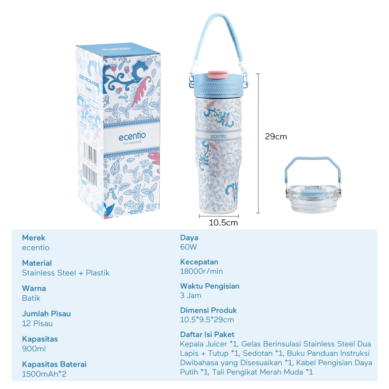 ecentio Portable Blender Juicer 900ml 12 Pisau 60W Baterai 2x1500mAh Tahan Panas 14 Jam & Dingin 24 Jam Anti Bocor Praktis Untuk,blender jus buah Outdoor