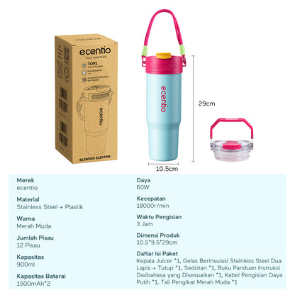 ecentio Portable Blender Juicer 900ml 12 Pisau 60W Baterai 2x1500mAh Tahan Panas 14 Jam & Dingin 24 Jam Anti Bocor Praktis Untuk,blender jus buah Outdoor