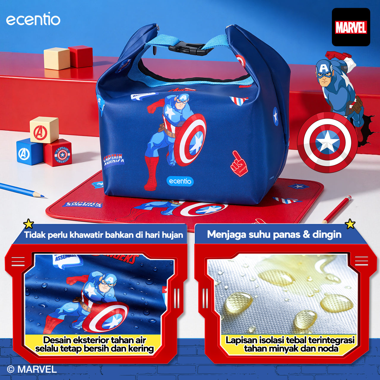 [Back To School] ecentio Captain America Lunch Box Anak Set Botol Minum Kotak Makan Anak Anti Bocor Anti Tumpah Tempat Bekal Anak Sekolah BPA Free Tas Bekal Kotak Bekal Sekolah Perlengkapan Sekolah [PO 11 June]