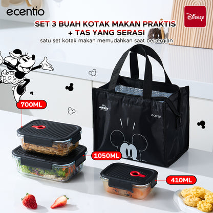 ecentio Food Container Mickey Mouse 3pcs & Tas Portable,410ml+700ml+1050ml Toples Kaca Mudah Dibersihkan,Tas Penyimpanan Portabel Kapasitas Besar,toples lebaran aesthetic Cocok untuk bekal makanan