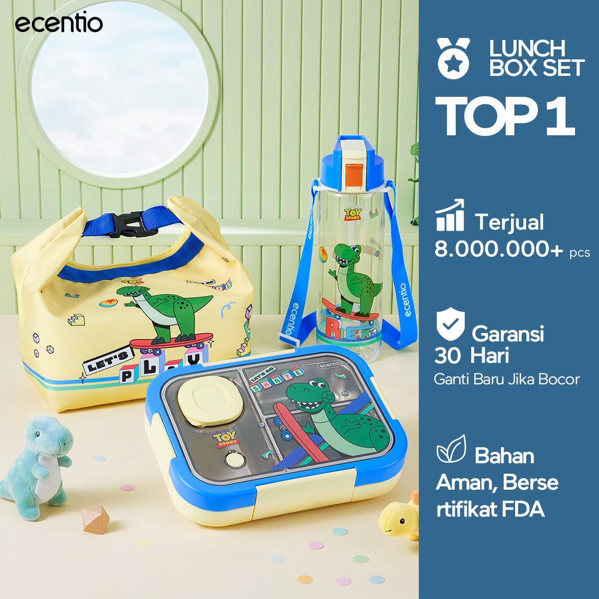 [Back To School] ecentio Kotak Makan Anak Rex Set Bekal Sekolah Toy story Lunch Box Stainless 750ml Botol Minum 900ml Tas Bekal BPA Free Tempat Makan Anak