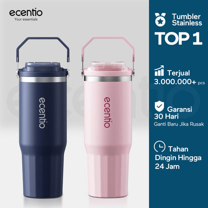 ecentio tumbler klasik 900ml stainless steel bahan ditingkatkan lapisan keramik mug mobil dengan pegangan tahan korosi mudah dibersihkan higienis jaga suhu dingin 24 jam hangat 14 jam untuk aktivitas harian