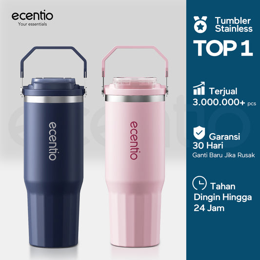 ecentio tumbler klasik 900ml stainless steel bahan ditingkatkan lapisan keramik mug mobil dengan pegangan tahan korosi mudah dibersihkan higienis jaga suhu dingin 24 jam hangat 14 jam untuk aktivitas harian